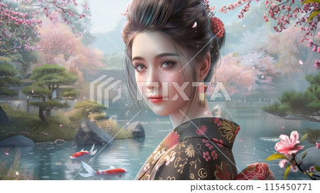 A woman in a geisha outfit standing next to water, AI 115450771
