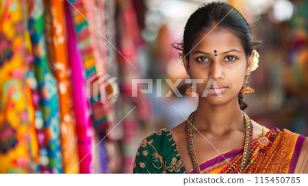A woman in traditional indian garb with colorful sari, AI 115450785