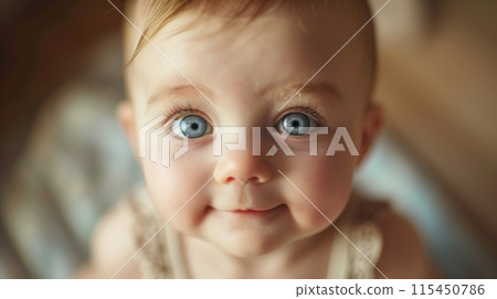 A close up of a baby with big blue eyes looking at the camera, AI A close up of a baby with big blue eyes looking at the camera, AI 115450786