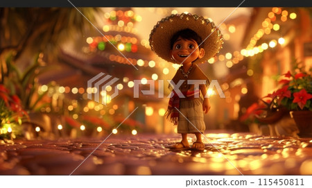 A young boy in a sombrero standing on the cobblestone street, AI 115450811