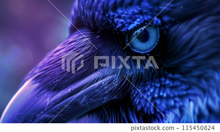 A close up of a blue bird with large eyes and feathers, AI 115450824