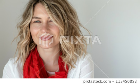 A woman with a red scarf and blonde hair smiling, AI 115450858