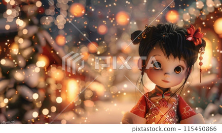 A close up of a little girl in an oriental dress, AI 115450866