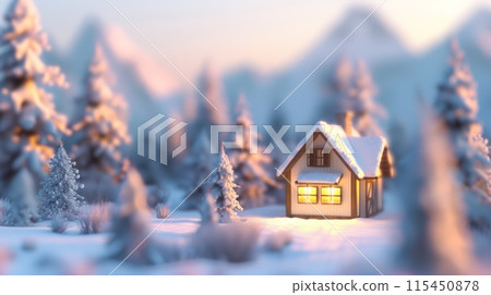 A small house in the middle of a snowy forest, AI-插圖素材 [115450878 ...