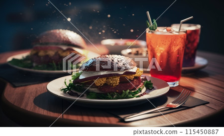 A close up of a hamburger and drink on top of plates, AI A close up of a hamburger and drink on top of plates, AI 115450887