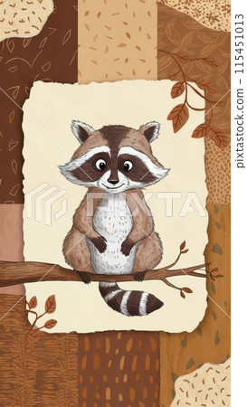 A cartoon raccoon sitting on a branch with leaves and flowers, AI 115451013