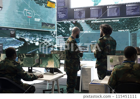 Privates team working with radar CCTV systems to detect enemy missiles, ensure national safety within their territory. Analyzing weather conditions to protect planned defense operations. 115451111