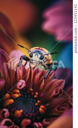 A bug on a flower with colorful background in the picture, AI 115451141