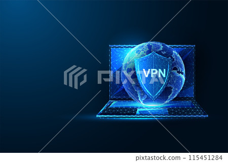 VPN, global cybersecurity, online privacy protection futuristic concept with laptop, Earth, shield VPN, global cybersecurity, online privacy protection futuristic concept with laptop, Earth, shield 115451284