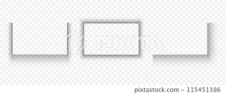 Set of rectangular paper page or packing box shadow effects. Blurry grey shapes. Rectangle and corner shades isolated on transparent background. Vector realistic illustration 115451386