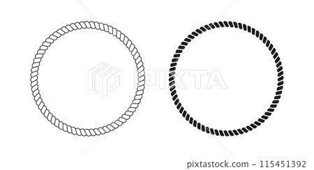 White and black round rope frames. Hemp or steel circular borders of cord or thread, cable or jute. Design elements on maritime, yacht or nautical theme. Vector graphic illustration 115451392