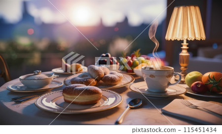 A table with a plate of pastries and fruit on it, AI 115451434
