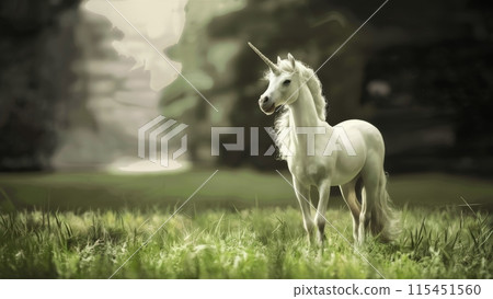 A white unicorn standing in a field of grass with trees behind it, AI A white unicorn standing in a field of grass with trees behind it, AI 115451560