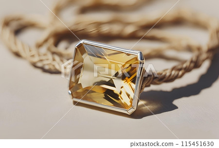 Contemporary geometric pendant necklace made from golden-yellow Citrine gemstone, designed to enhance happiness and confidence for the wearer. AI Generated 115451630