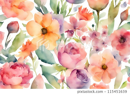 Watercolor texture of vibrant, fresh and blooming flowers, creating an expansive and vivid background pattern. AI Generated 115451639