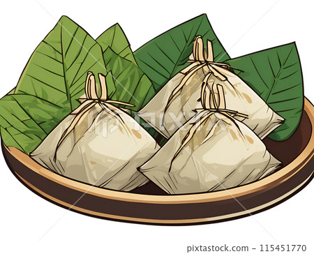 Illustration of delicious triangular Zongzi, served hot at the Dragon Boat Festival, enjoyed for its savory filling wrapped in bamboo leaves. AI Generated 115451770
