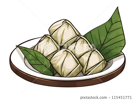 Illustration of triangular Zongzi Dumpling served hot during the Dragon Boat Festival, enjoyed for its savory filling wrapped in bamboo leaves, celebrating this cultural tradition. AI Generated 115451771
