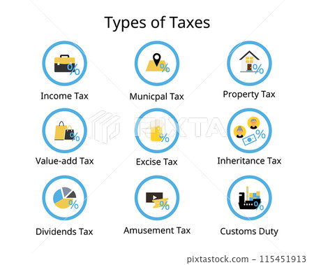 types of tax for income tax, municipal tax, property tax, customs duty, amusement, dividends, inheritance, excise, value added, vat, property 115451913