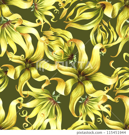 Seamless pattern with ylang-ylang flowers. A hand-drawn watercolor illustration. On a green background. For textiles, wallpapers and backgrounds. For packaging paper and label, printing and decoration 115451944