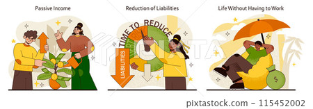 Financial Independence set. Cultivating passive income streams, reducing liabilities, and embracing a work-free lifestyle. Strategy for wealth and freedom. Flat vector illustration. 115452002