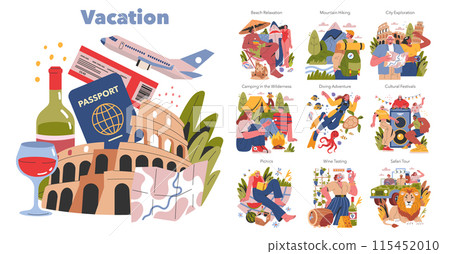 Vacation concept set. Diverse holiday activities including beach relaxation, mountain hiking, and city exploration. Capturing the spirit of travel and adventure. Vector illustration. 115452010