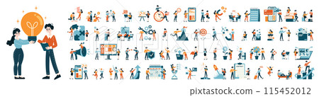 Business People set. Various office scenarios and team interactions. Productivity growth, strategy planning, and goal achievement. Flat vector illustration 115452012