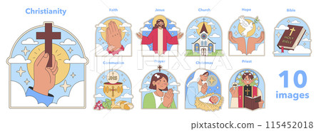 Christianity set. Sacred symbols and religious practices. Belief in Jesus and the Bible. Observance of Christmas and Communion. Flat vector illustration. 115452018
