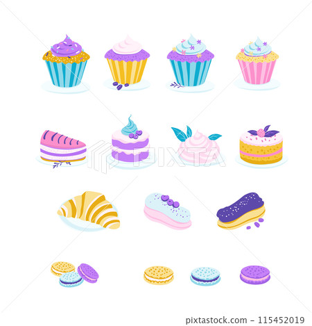 Whimsical Pastel Desserts - Colorful Vector Illustration, Colorful Cupcakes and Pastries, Pastel Sweets and Treats. 115452019