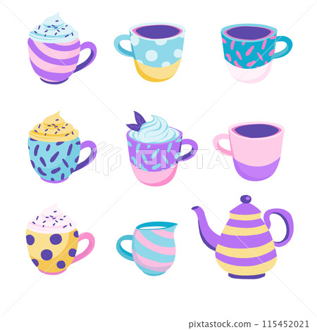 Pastel Coffee and Tea Set Illustration - Playful and Whimsical Design. Pastel Coffee and Tea Set Illustration - Playful and Whimsical Design. 115452021