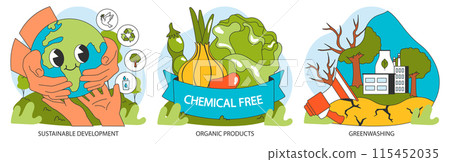 Conscious or ethical living set. Sustainable development and zero waste lifestyle. Circular economy, business and social responsibility to reduce carbon footprint. Flat vector illustration. 115452035