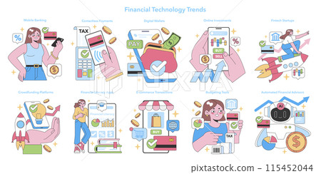Fintech Trends set. Showcases modern financial services. Mobile banking, contactless payments, and investment apps. E-commerce and crowdfunding. Flat vector illustration. 115452044