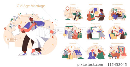 Old age marriage set. Excited senior couple. Elderly people dating and building a family. Old characters lifetime companionship and support. Flat vector illustration Old age marriage set. Excited senior couple. Elderly people dating and building a family. Old characters lifetime companionship and support. Flat vector illustration 115452045