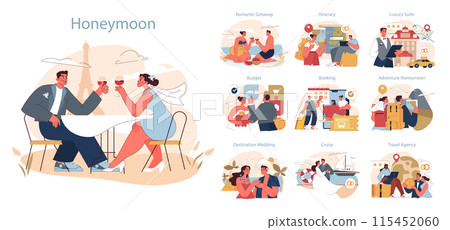 Honeymoon set. Couples celebrate, plan, budget, and embark on post-wedding travels. Love blooms in various romantic settings. 115452060