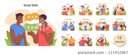 Social skills set. Skillset required for successful socialization. Emotional, interpersonal, and cultural intelligence. Effective communication and teamwork captured. Flat vector illustration Social skills set. Skillset required for successful socialization. Emotional, interpersonal, and cultural intelligence. Effective communication and teamwork captured. Flat vector illustration 115452067