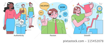 Finding your way in life set. Diverse character navigating personal development and career paths. Improvement and growth, resilience and self-awareness. Soft skills. Flat vector illustration. Finding your way in life set. Diverse character navigating personal development and career paths. Improvement and growth, resilience and self-awareness. Soft skills. Flat vector illustration. 115452078