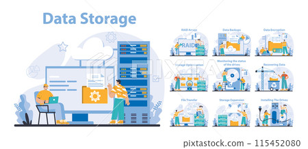 Data Storage set. Multiple aspects of data management and protection. Network infrastructure maintenance with cloud services. Efficient system recovery and security measures. Vector illustration. Data Storage set. Multiple aspects of data management and protection. Network infrastructure maintenance with cloud services. Efficient system recovery and security measures. Vector illustration. 115452080