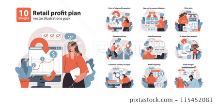 Retail Profit Plan set. Detailed analysis and strategic planning in sales and finance. Managing performance, pricing, and margins. Comprehensive business strategy visualization. Flat vector. Retail Profit Plan set. Detailed analysis and strategic planning in sales and finance. Managing performance, pricing, and margins. Comprehensive business strategy visualization. Flat vector. 115452081