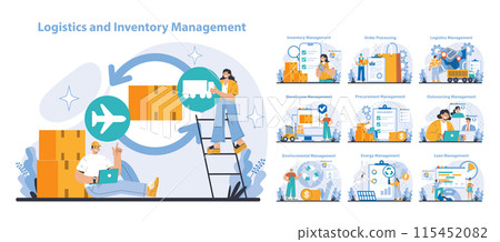 Logistics and Inventory Management set. Streamlining supply chain efficiency with comprehensive operational solutions. Detailed scenes of procurement, warehouse, and environmental oversight. 115452082