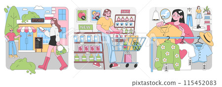 Shopping spree set. Urban store entrance, new product launch, in-store promotions. Customers exploring sales, trying outfits, grabbing deals. Fashion-forward woman fitting. Flat vector illustration. 115452083