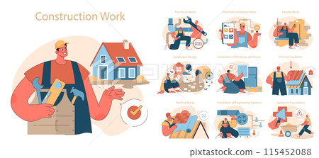 Construction work set. Diverse crew performing plumbing, electrical, facade, and roofing tasks, showcasing skilled craftsmanship. Flat vector illustration 115452088
