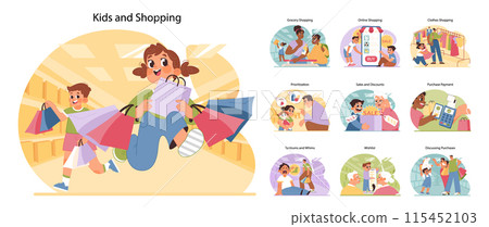 Kids and shopping set. Young consumers experiencing the retail world. Family grocery runs, online buys, mall excursions. Managing wants versus needs, joys of sales. Flat vector illustration 115452103