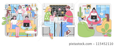 Modern Co-working Space set. Vibrant professionals collaborating, freelancers at workstations, relaxed meetings. Engaging conversations, sharing ideas. Flat vector illustration. Modern Co-working Space set. Vibrant professionals collaborating, freelancers at workstations, relaxed meetings. Engaging conversations, sharing ideas. Flat vector illustration. 115452110