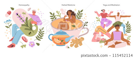 Alternative Medicine set. Illustration of homeopathy, herbal medicine, and yoga for health and wellness. Peaceful and natural healing practices. Vector illustration. Alternative Medicine set. Illustration of homeopathy, herbal medicine, and yoga for health and wellness. Peaceful and natural healing practices. Vector illustration. 115452114