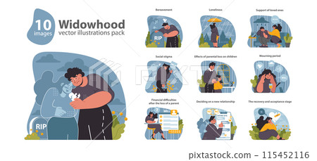 Widowhood set. Navigating life after a spouse's death. Grieving process, social challenges, and finding hope. Flat vector illustration. Widowhood set. Navigating life after a spouse's death. Grieving process, social challenges, and finding hope. Flat vector illustration. 115452116
