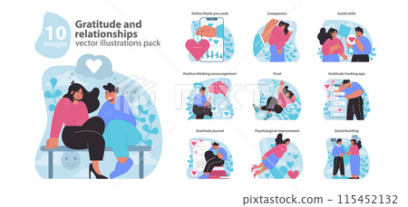 Gratitude and relationships set. Celebrating emotional connections and appreciation. Expressions of thanks, trust-building, and companionship. Flat vector illustration. 115452132