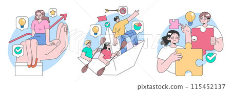 Teamwork set. Colleagues collaborating on projects. Ideas sparking, chart growth, aiming high. Assembling puzzle, unity in action. Flat vector illustration. Teamwork set. Colleagues collaborating on projects. Ideas sparking, chart growth, aiming high. Assembling puzzle, unity in action. Flat vector illustration. 115452137