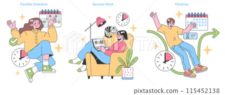 Work flexibility set. Enthusiastic individuals enjoying a flexible schedule, remote working, and flextime benefits. Adaptable work hours, home office perks, and employee freedom. vector illustration. 115452138