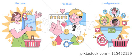 Sales Engagement set. Illustrating live product demos, customer feedback importance, and lead generation tactics. Flat vector illustration Sales Engagement set. Illustrating live product demos, customer feedback importance, and lead generation tactics. Flat vector illustration 115452139