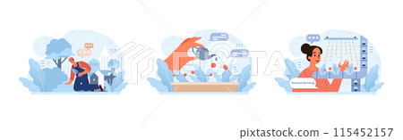 Urban farming evolution set. City gardener planting, innovative watering system, modern vertical cultivation. Urban agriculture, sustainable city growth, eco-friendly gardening. vector illustration 115452157
