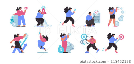 Business strategy set. Diverse professionals in dynamic corporate actions, achieving goals. Flat vector illustration. 115452158